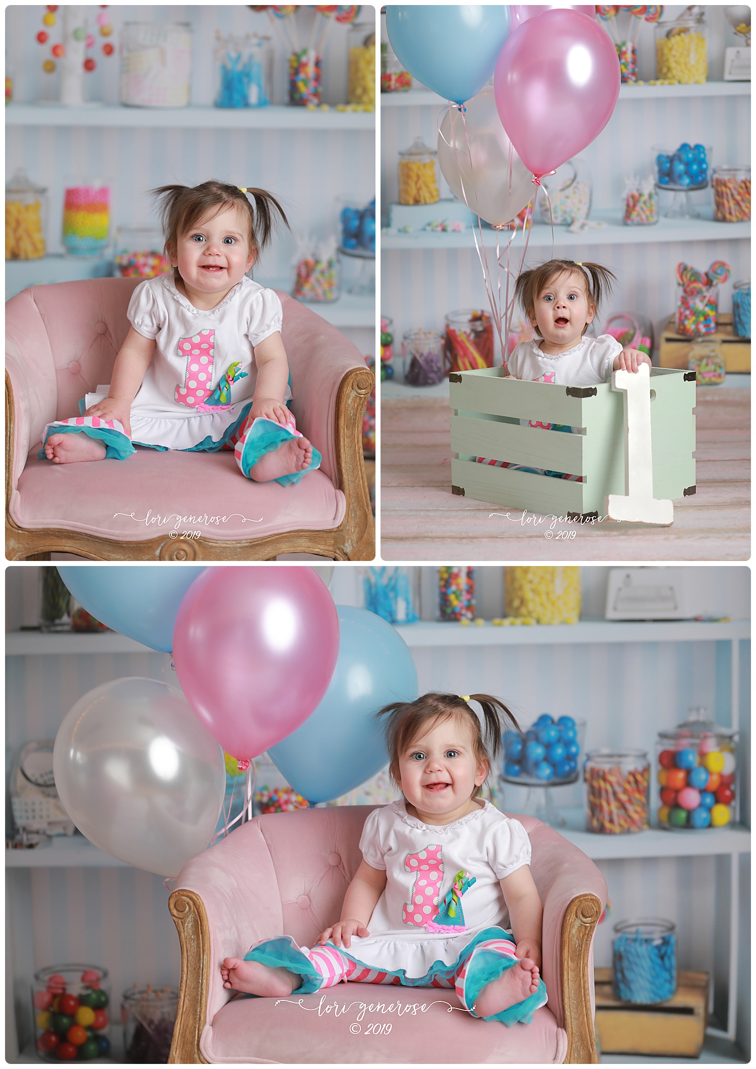 Her outfit worked perfectly with my candy shop backdrop- add some balloons and her sweet little face and PERFECTION! Sweet as sugar!