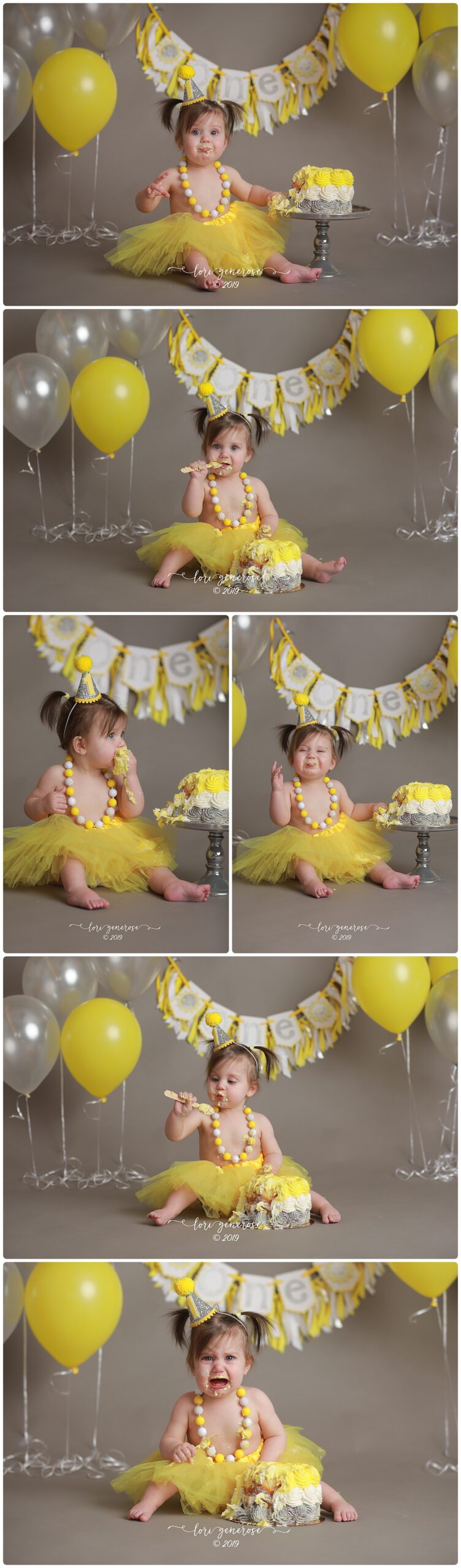 I love love LOVE everything about this cutie’s cake smash! I can’t get enough of this setup and color scheme! Yellow is my favorite color so I was instantly smitten and I love how unique her theme is too. Her gorgeous banner is from Tickled Pink Par…