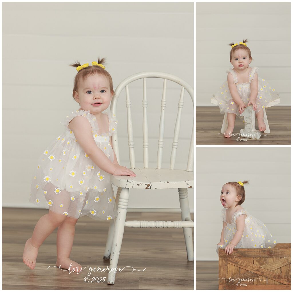 One year old girl in white daisies dress for first birthday one year old portrait photos standing by a chair and also in a brown wooden crate and white bench with number 1