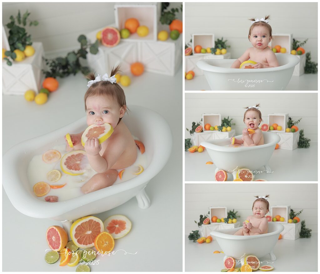 One year old girl sitting in bathtub for citrus fruit milk bath first birthday photos, making sour faces because she is eating the fruit