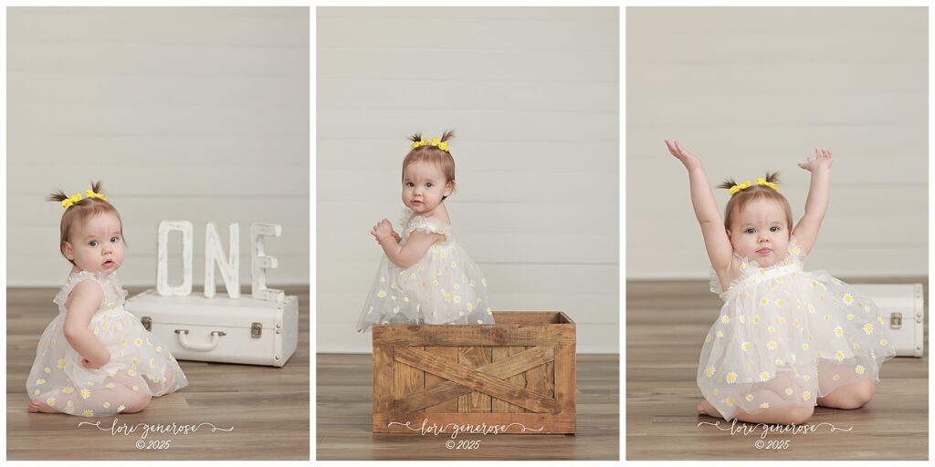 One year old girl in white daisies dress for first birthday one year old portrait photos standing by a chair and also in a brown wooden crate and white bench with number 1