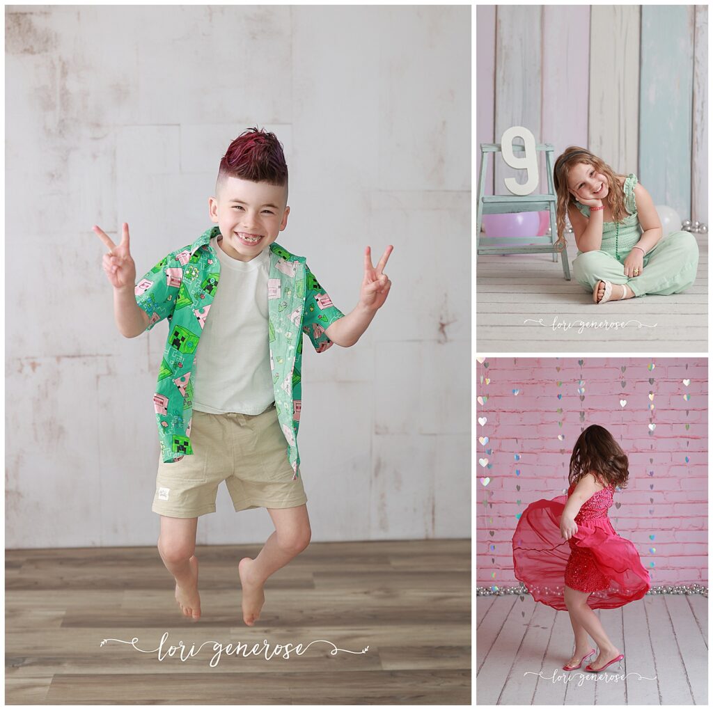 lehigh valley photographer Lori Generose of LG Photography photos of an 8 year old boy jumping with bare feet and holding up peace signs, a 9 year old girl sitting on the floor smiling wearing a beaded bracelet, necklace and earring laughing and a 9 year old girl twirling in a pretty sequin bright pink dress with her dress flying in the air in a blog about Top 10 Tips for a Successful Birthday Photo Shoot