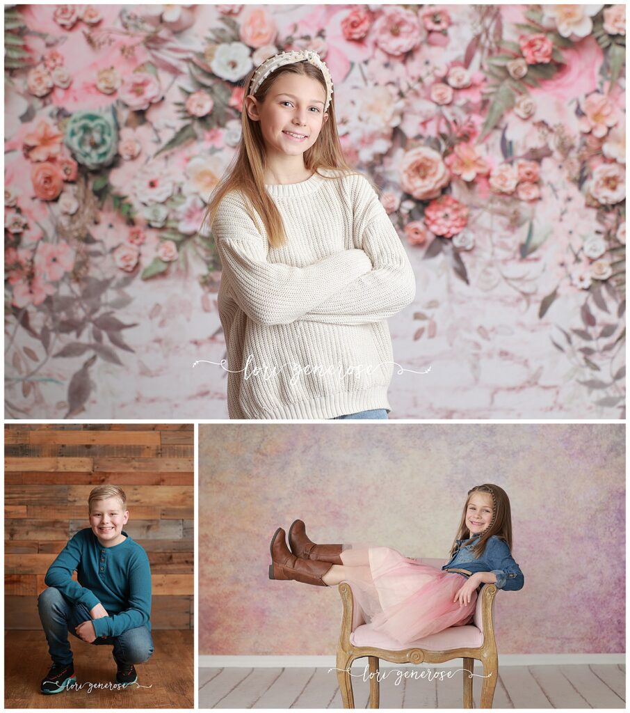 lehigh valley photographer Lori Generose of LG Photography photos of a 10 year old girl naturally smiling on a laying on her belly naturally smiling, a 3 year old boy sitting on a chair laughing and a 7 year old girl with a shocked face and her hands on her head in a blog about Top 10 Tips for a Successful Birthday Photo Shoot