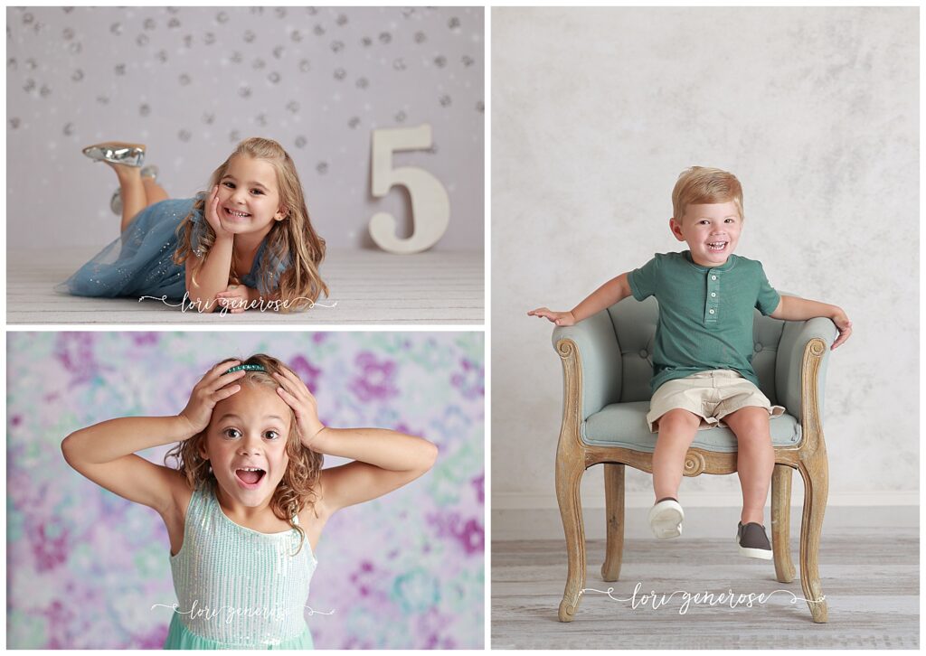 lehigh valley photographer Lori Generose of LG Photography photos of a 5 year old girl laying on her belly naturally smiling, a 3 year old boy sitting on a chair laughing and a 7 year old girl with a shocked face and her hands on her head in a blog about Top 10 Tips for a Successful Birthday Photo Shoot
