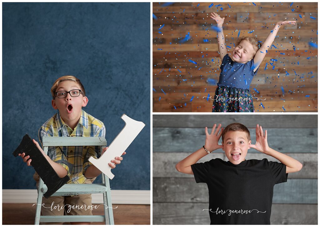 lehigh valley photographer Lori Generose of LG Photography photos of an 11 year old boy making a shocked face holding wooden numbers 1 and 1 to make 11, a 6 year old girl with her eyes closed and hands up with a big smile and blue confetti falling on her on a brown pallet wood backdrop, a 10 year old boy with his hands up by his head fingers in his eyes making a funny face with his tongue out in a blog about Top 10 Tips for a Successful Birthday Photo Shoot