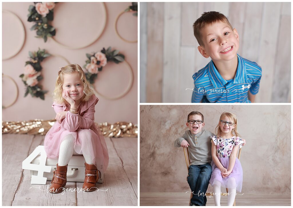 lehigh valley photographer Lori Generose of LG Photography photos of a 4 year old girl with a no teeth smile, a 6 year old boy in a more forced "say cheese" smile and sibling boy and girl naturally laughing on a chair in a blog about Top 10 Tips for a Successful Birthday Photo Shoot