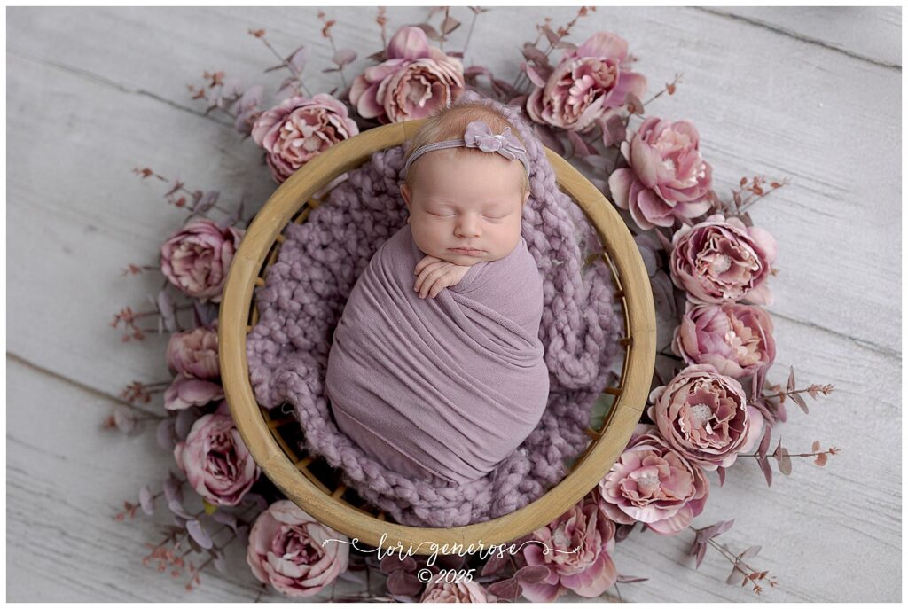 Newborn baby girl wrapped in mauve swaddle with floral backdrop, photographed by Lehigh Valley newborn photographer Lori Generose in Lehigh Valley, PA – professional newborn portrait session featuring soft pink tones and cozy basket setup.