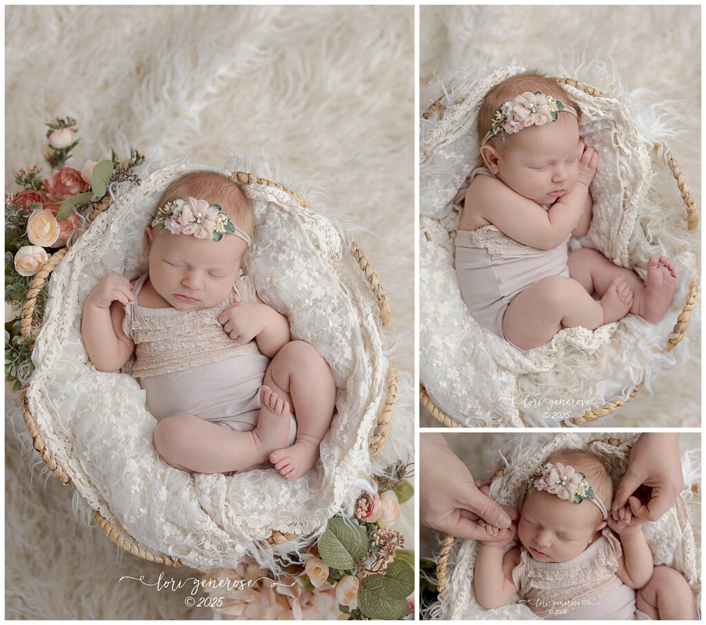 Beautiful newborn baby girl photographed by Lehigh Valley newborn photographer Lori Generose in Lehigh Valley, PA – posed in a cozy basket with lace details and floral headband during a professional studio newborn session.