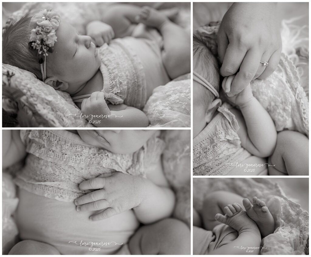 Close-up of newborn baby girl's hands, feet and her little hand held by mom's hand during professional newborn session by Lehigh Valley photographer Lori Generose in Lehigh Valley, PA – timeless black and white newborn detail photos celebrating new life