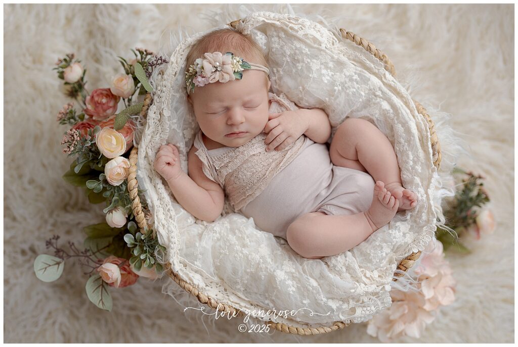 Beautiful newborn baby girl photographed by Lehigh Valley newborn photographer Lori Generose in Lehigh Valley, PA – posed in a cozy basket with lace details and floral headband during a professional studio newborn session.