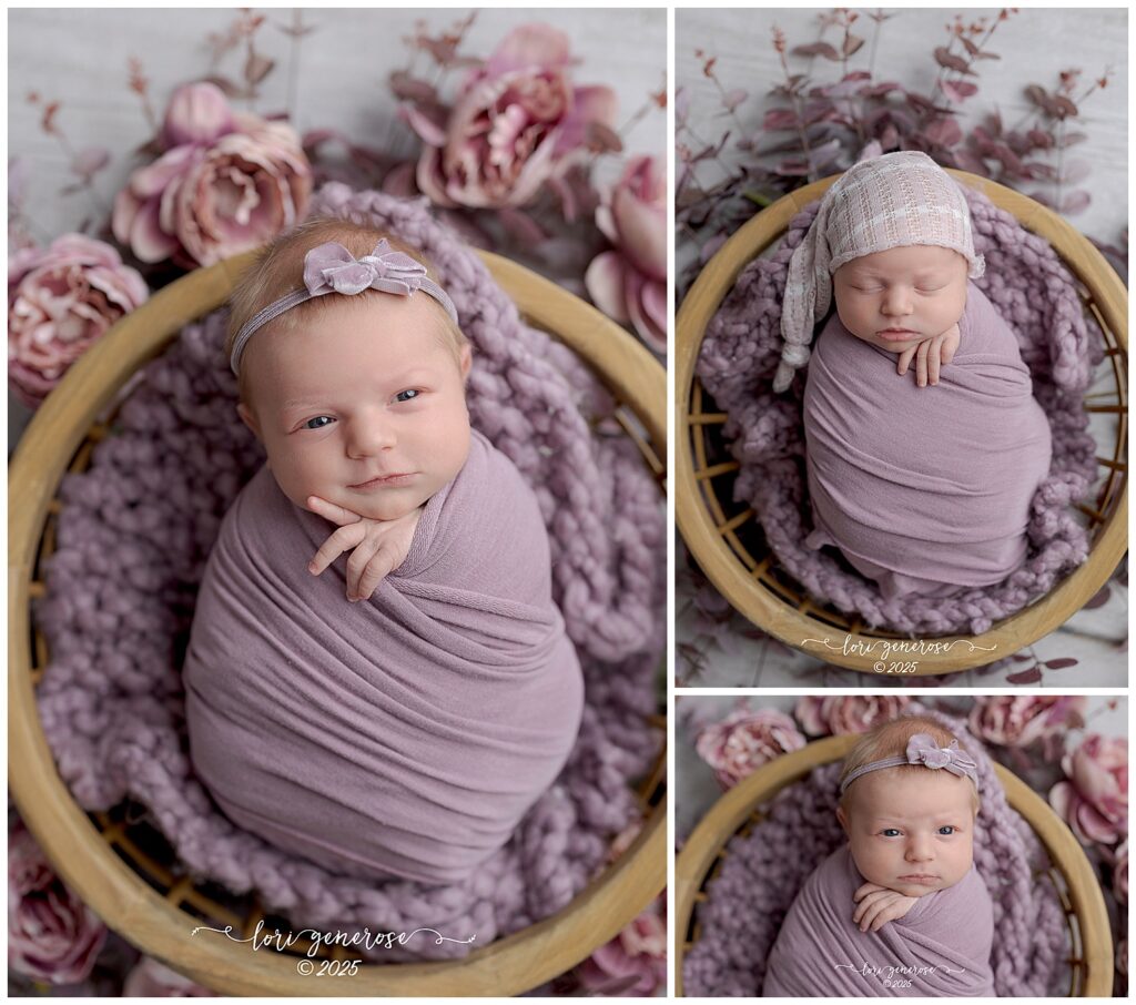 Newborn baby girl wrapped in mauve swaddle with floral backdrop, photographed by Lehigh Valley newborn photographer Lori Generose in Lehigh Valley, PA – professional newborn portrait session featuring soft pink tones and cozy basket setup.