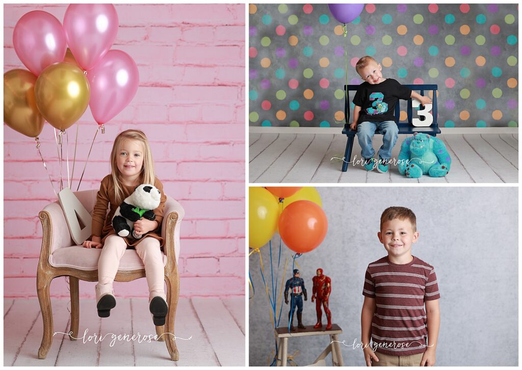 lehigh valley photographer Lori Generose of LG Photography photos of a 4 year old girl sitting in a pink chair on a pink brick backdrop holding her favorite panda stuffed animal, a 3 year old boy sitting on a blue bench with Sully from Monsters Inc stuffed animal and a 5 year old boy with his two favorite action figures standing on a ladder behind him- Captain America and Iron Man in a blog about Top 10 Tips for a Successful Birthday Photo Shoot