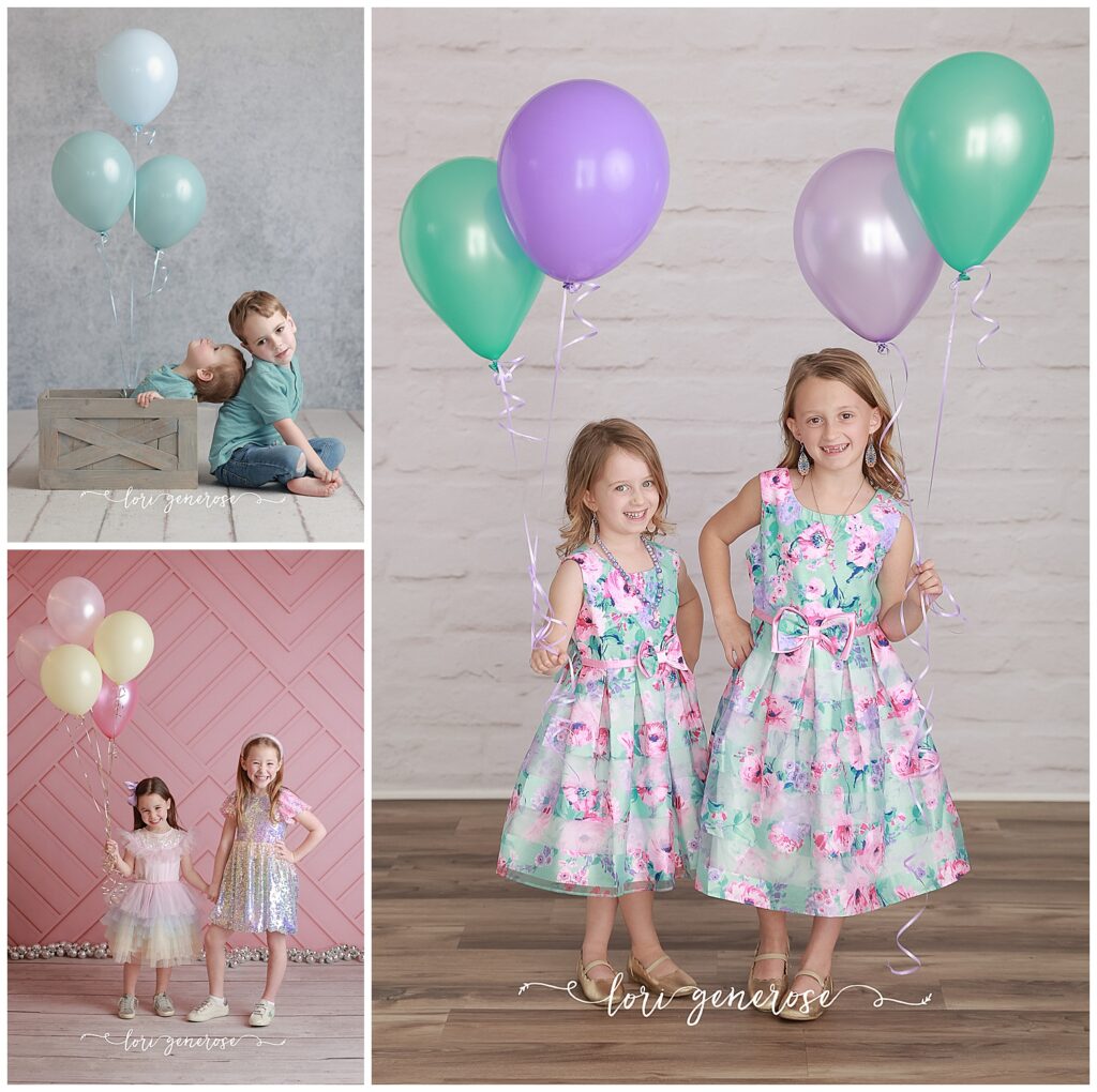 lehigh valley photographer Lori Generose of LG Photography photos of two brothers, one being a one year old boy in a crate looking up at blue balloons leaning out of the box onto the back of his 5 year old brother, 5 year old girl holding light yellow and pink balloons in a bunch and her 7 year old sister both wearing rainbow dresses, a 4 year old girl and her 6 year old sister both holding teal and purple balloons with beautiful pink purple and teal floral dresses in a blog about Top 10 Tips for a Successful Birthday Photo Shoot