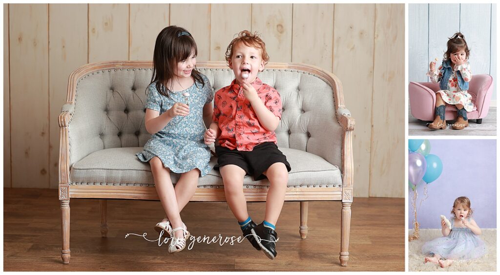 lehigh valley photographer Lori Generose of LG Photography photos of siblings a 6 year old girl and 4 year old boy eating lollipops sitting on a light blue couch, a 2 year old girl with a lollipop in her hand in cowgirl boots sitting on a little pink couch and 2 year old girl in a tulle purple and blue dress holding her stuffed bear and a lollipop in a blog about Top 10 Tips for a Successful Birthday Photo Shoot