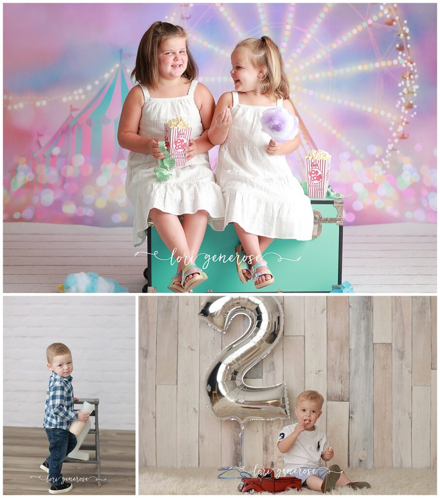 lehigh valley photographer Lori Generose of LG Photography photos of sibling girls 6 year old girl and 4 year old girl eating holding pretend popcorn and cotton candy sitting on a teal trunk, a 2 year old boy holding a can of puffs and a 2 year old boy eating veggie straws in a blog about Top 10 Tips for a Successful Birthday Photo Shoot
