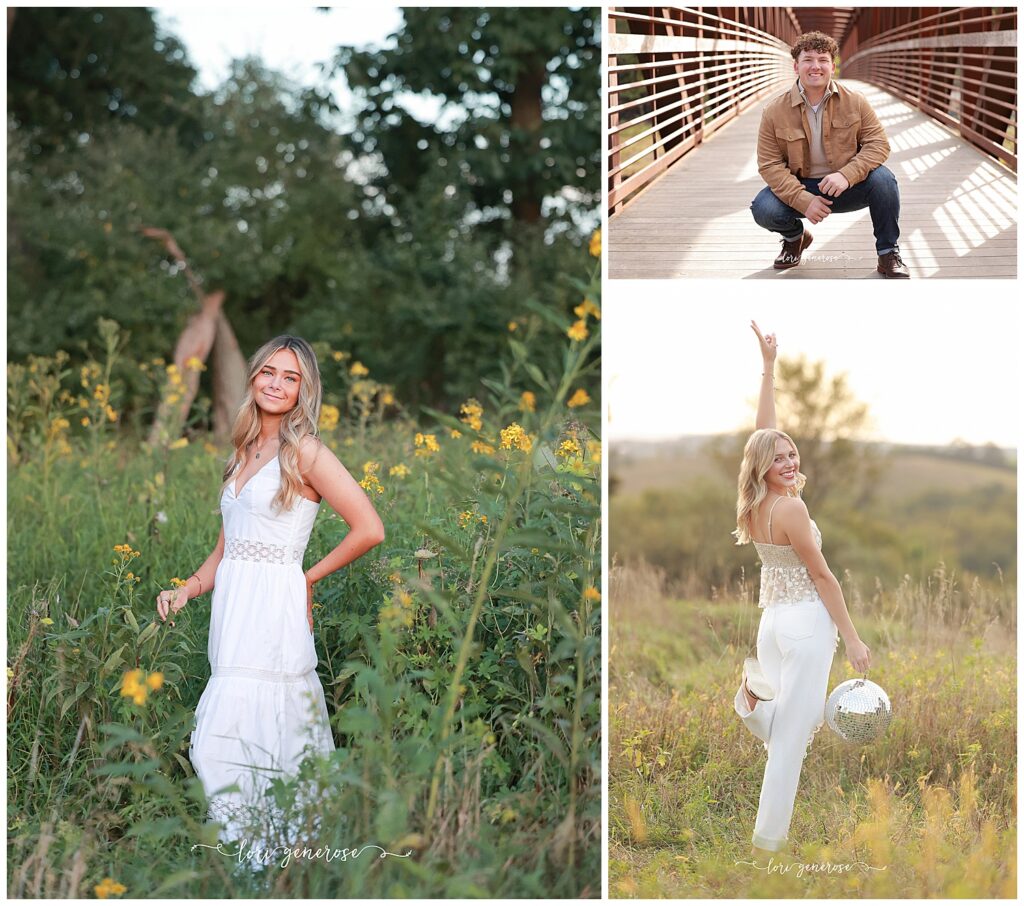 Senior portraits by Lehigh Valley photographer Lori Generose featuring high school seniors styled for golden hour at Trexler Nature Preserve and Jim Thorpe, PA. Outfits include flowy white dresses, trendy wide-leg pants with a sequin top, and casual menswear with jeans and a jacket- perfect examples of what to wear for stylish and comfortable graduation photos in natural outdoor settings.