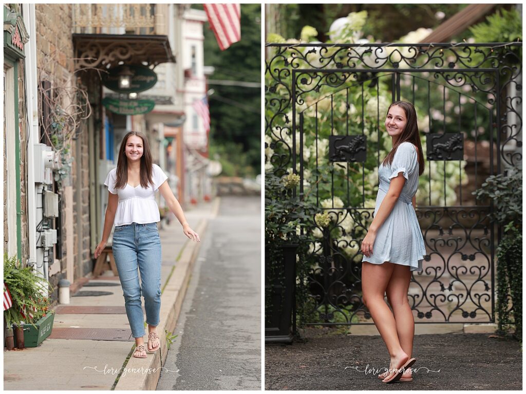 Senior girl poses in downtown Jim Thorpe, PA and a garden setting during her session with Lehigh Valley senior photographer Lori Generose. Outfits include a white puff-sleeve top with high-waisted jeans and sandals for a relaxed small-town look, and a soft blue dress with ruffle details for a romantic garden vibe- ideal outfit inspiration for versatile senior portraits in the Lehigh Valley.
