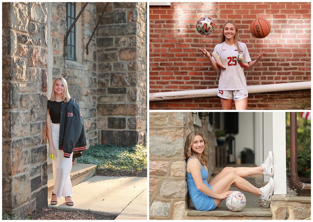 Senior girls pose in stylish and personalized outfits during a senior photo shoot in the Lehigh Valley with photographer Lori Generose. Outfits highlight individuality through varsity jackets, athletic uniforms, and casual-chic dresses, perfect wardrobe inspiration for senior portraits at Lehigh University and other iconic Bethlehem, PA locations. Soccer ball, basketball and tennis ball props are added in too. Great example of how to showcase personality and sports achievements in graduation photos.