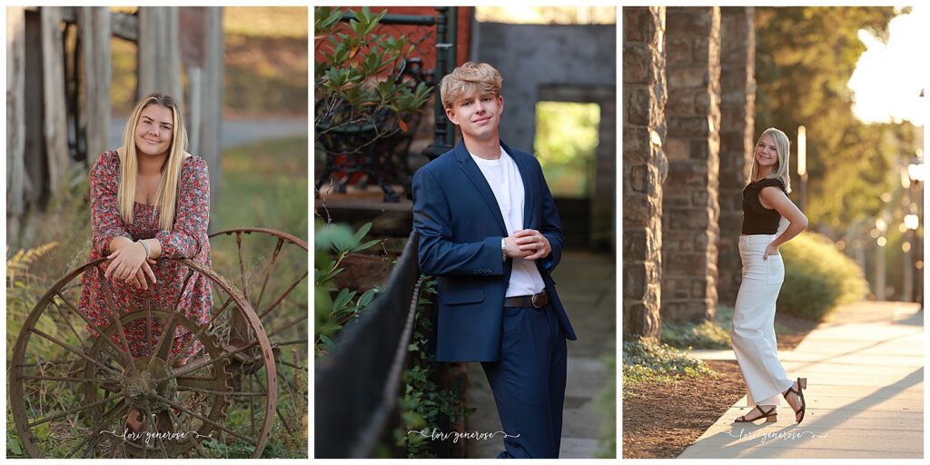 Stylish senior photo session in Northampton, PA with Lehigh Valley photographer Lori Generose showcasing what to wear for graduation portraits. Outfits include a floral long-sleeve dress for a rustic country vibe, a sharp navy suit with a white tee for a modern twist on formalwear, and high-waisted white pants with a black top for a clean, confident city-inspired look for the perfect senior photo outfit inspiration for both girls and guys in the Lehigh Valley.