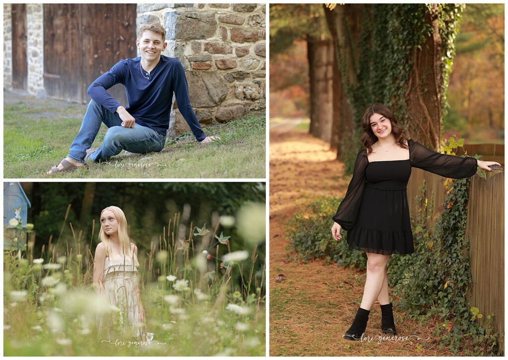 Senior photo session in Walnutport, PA with Lehigh Valley photographer Lori Generose featuring stylish outfit inspiration: a senior boy in a classic navy henley and jeans, a senior girl in a trendy black dress with boots, and another senior girl in a boho-inspired cream sundress in a wildflower field. Perfect examples of versatile looks for outdoor senior portraits in the Lehigh Valley.