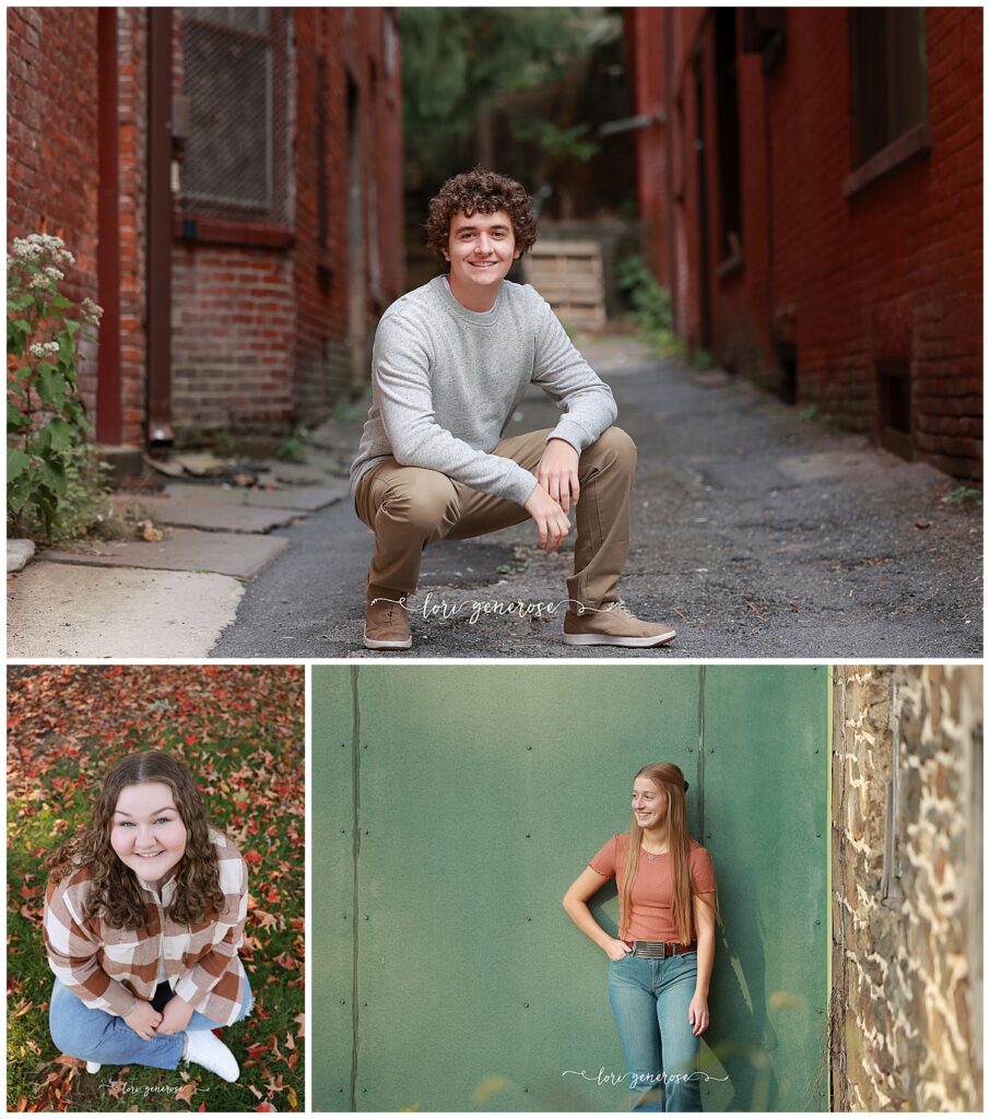 Senior photo inspiration from Lehigh Valley photographer Lori Generose featuring casual and coordinated outfit ideas for fall sessions in Jim Thorpe, PA. Outfits include a senior boy in neutral tones with a gray sweater and khaki pants, a senior girl in a plaid flannel with jeans, and another in a rust-colored top paired with high-waisted denim- perfect fall wardrobe choices that complement natural and urban backdrops for senior portraits in the Lehigh Valley.