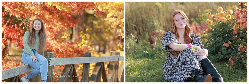 Senior girls pose during their fall photo session with Lehigh Valley photographer Lori Generose at the Walnutport Canal in Walnutport, PA. One wears a cozy green sweater with high-waisted jeans against vibrant autumn leaves, while the other showcases a floral maxi dress and boots in a colorful flower field with perfect seasonal outfit ideas for fall senior portraits in the Lehigh Valley.