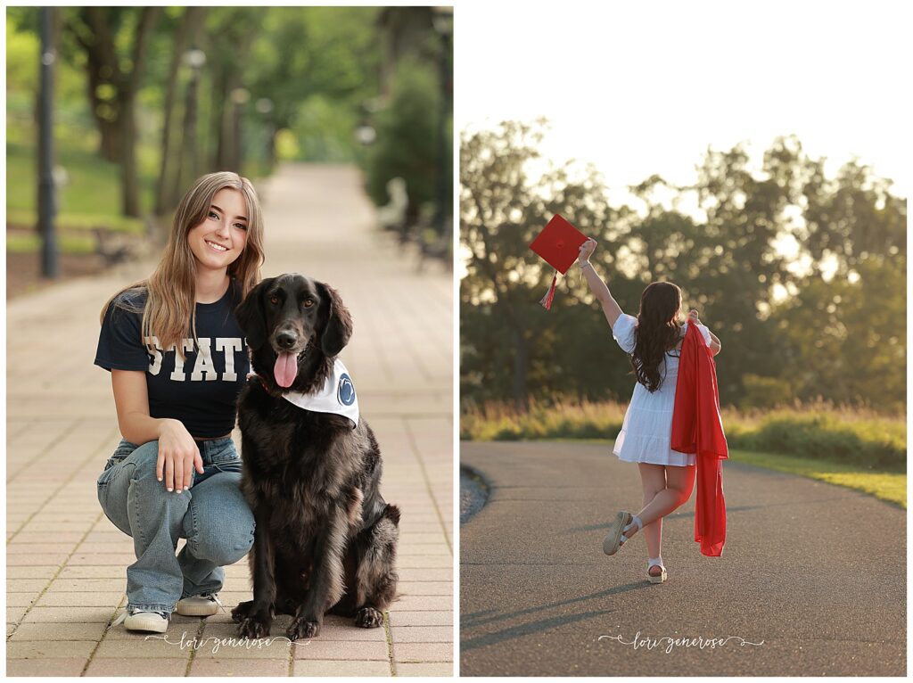 Senior girls celebrate their graduation with personalized style during a photo session at Lehigh University in Bethlehem, PA and Trexler Nature Preserve in Orefield, PA with Lehigh Valley photographer Lori Generose. One poses in jeans and a Penn State shirt alongside her dog in a matching bandana, while the other wears a classic white dress holding her red cap and gown at sunset- perfect outfit inspiration for showcasing school spirit and joyful milestones in senior portraits.