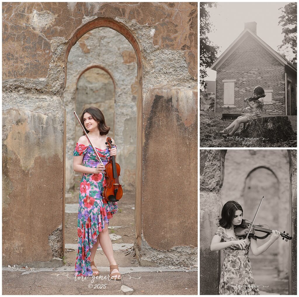 Senior girl photo session at Lockridge Park in Alburtis, PA with Lehigh Valley photographer Lori Generose of LG Photography- featuring a teen in a colorful floral dress posing with her violin among rustic stone arches and vintage architecture, blending elegance with artistic expression.