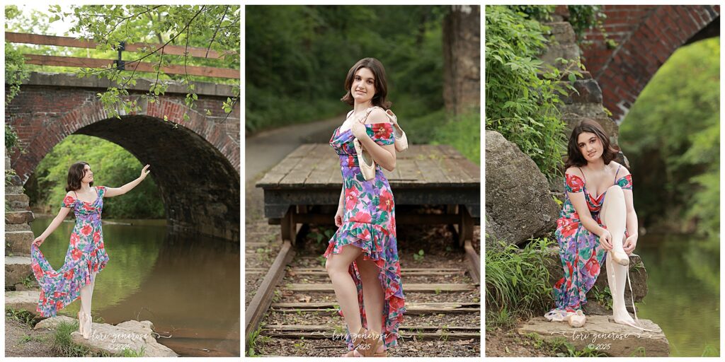Ballet-inspired senior portraits of a Lehigh Valley girl at Lockridge Park in Alburtis, PA by Lori Generose of LG Photography- featuring a floral dress and pointe shoes by a historic brick bridge, railroad tracks, and peaceful creek, showcasing grace, strength, and natural beauty in a whimsical outdoor setting.