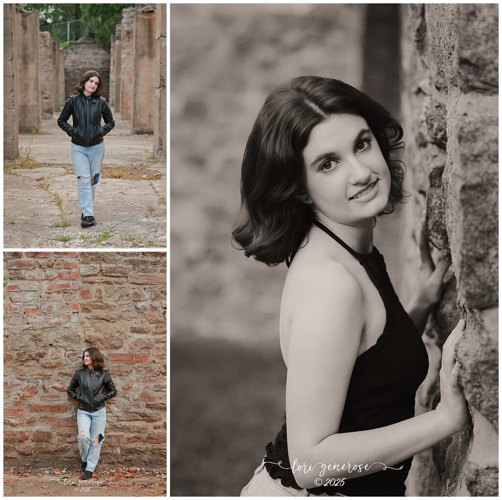 Senior girl photo session at Lockridge Park in Alburtis, PA by Lehigh Valley photographer Lori Generose of LG Photography- featuring a confident teen in a black halter top and ripped jeans, styled with a leather jacket and casual flair, posing against rustic stone walls and historic ruins for a bold and artistic senior portrait look.