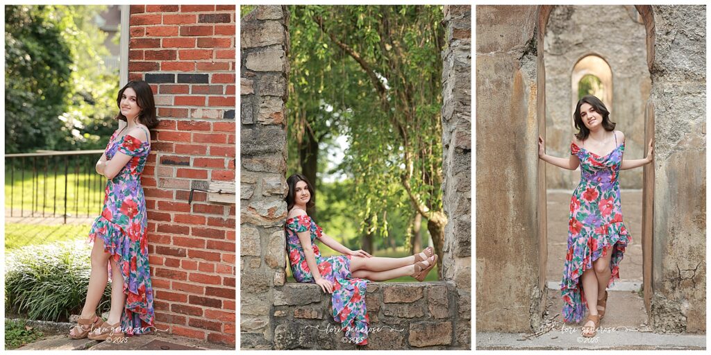 Lehigh Valley senior girl photo session at Lockridge Park in Alburtis, PA by Lori Generose of LG Photography, posing in a colorful floral dress against red brick, stone walls, and historic archways, capturing natural light, confidence, and timeless charm in a scenic outdoor senior portrait setting.