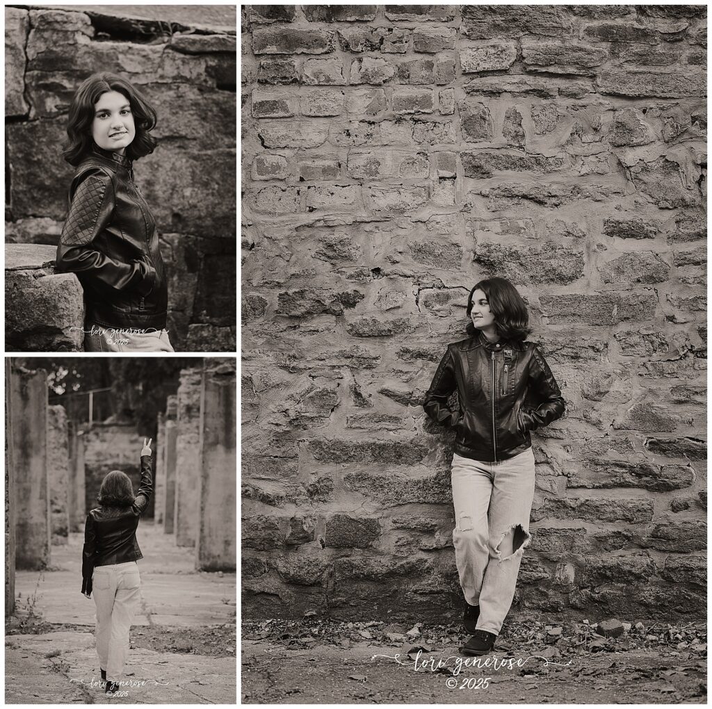 Black and white senior portraits of a Lehigh Valley girl at Lockridge Park in Alburtis, PA by Lori Generose of LG Photography, featuring a confident teen in a leather jacket and distressed jeans posing against historic stone walls and ruins, showcasing bold personality and urban edge in a timeless outdoor setting.