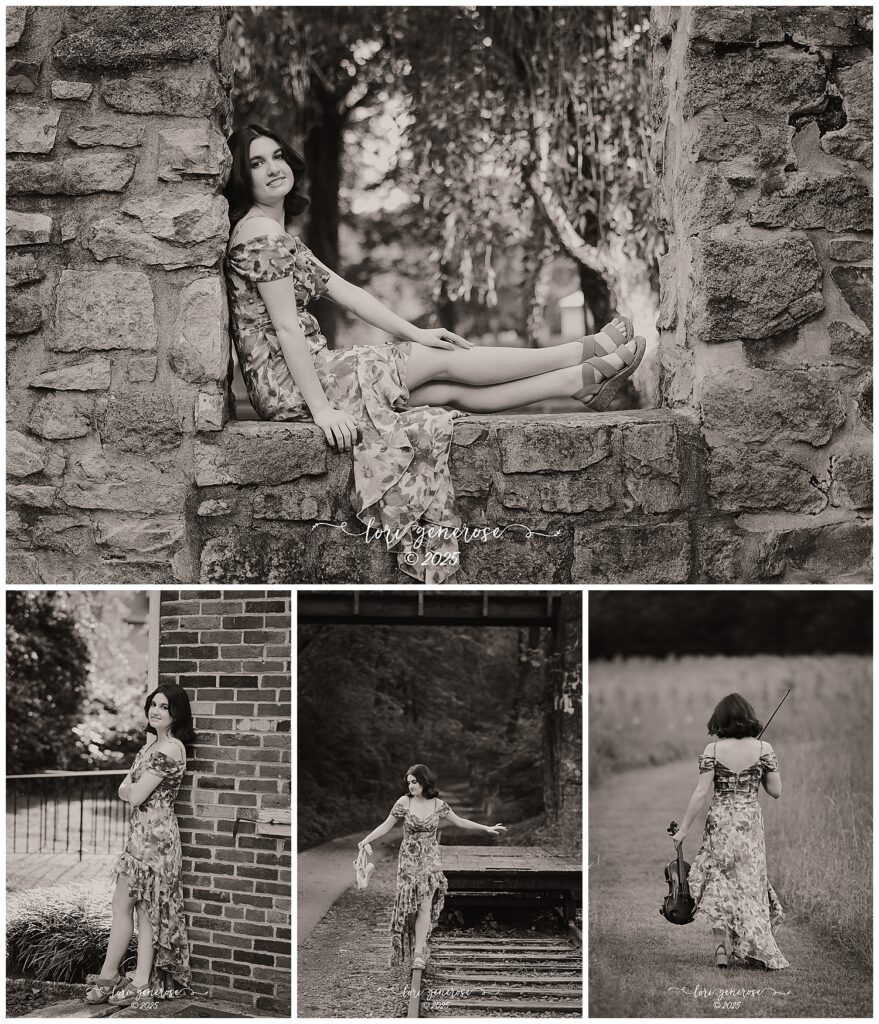 Artistic senior portraits of a Lehigh Valley girl at Lockridge Park in Alburtis, PA by Lori Generose of LG Photography- featuring a flowing floral dress, vintage-inspired black and white edits, rustic stone walls, railroad tracks, and a field with a violin, capturing timeless beauty and personality in a natural outdoor setting.