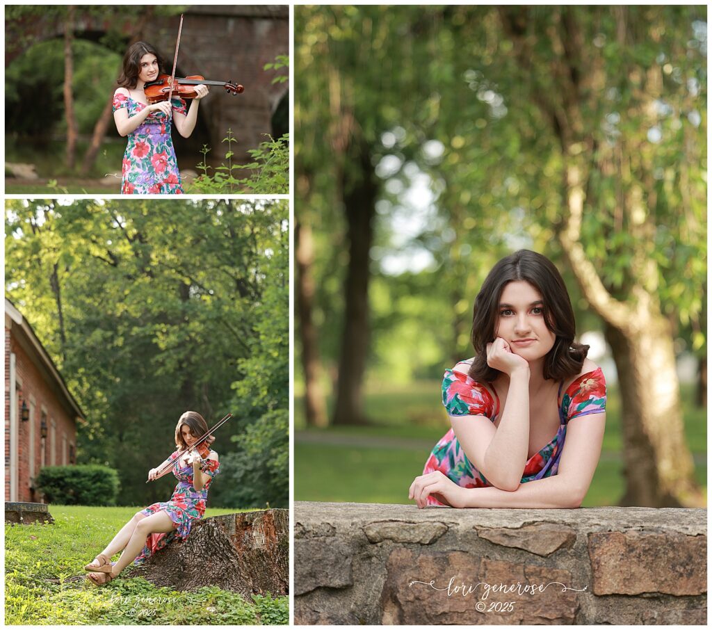 Senior girl photo session at Lockridge Park in Alburtis, PA with Lehigh Valley photographer Lori Generose of LG Photography- featuring a vibrant floral dress, violin portraits among tree-lined paths, stone walls, and lush greenery, highlighting natural beauty, musical talent, and joyful expression in golden hour light.