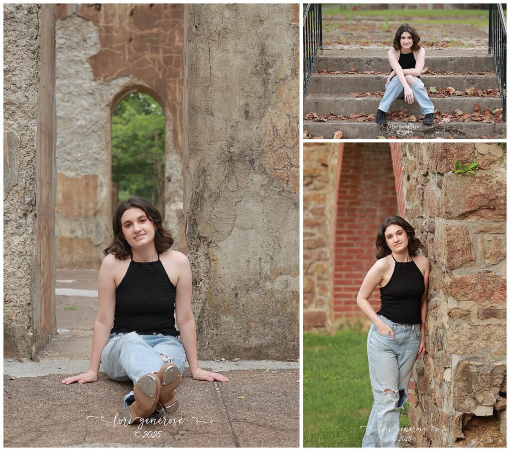Lehigh Valley senior photo session at Lockridge Park in Alburtis, PA by Lori Generose of LG Photography- teen girl in casual ripped jeans and a black halter top posing confidently against stone walls, historic ruins, and stairways, blending modern style with rustic charm in a relaxed outdoor setting.