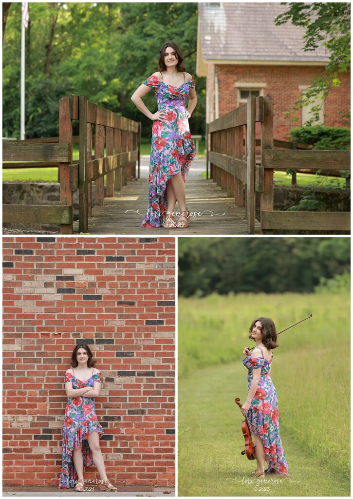 Lehigh Valley senior girl photographed at Lockridge Park in Alburtis, PA by Lori Generose of LG Photography- posing in a vibrant floral dress on a wooden bridge, against a red brick wall, and in a grassy field with her violin, capturing a mix of confidence, creativity, and natural beauty in a scenic outdoor setting.