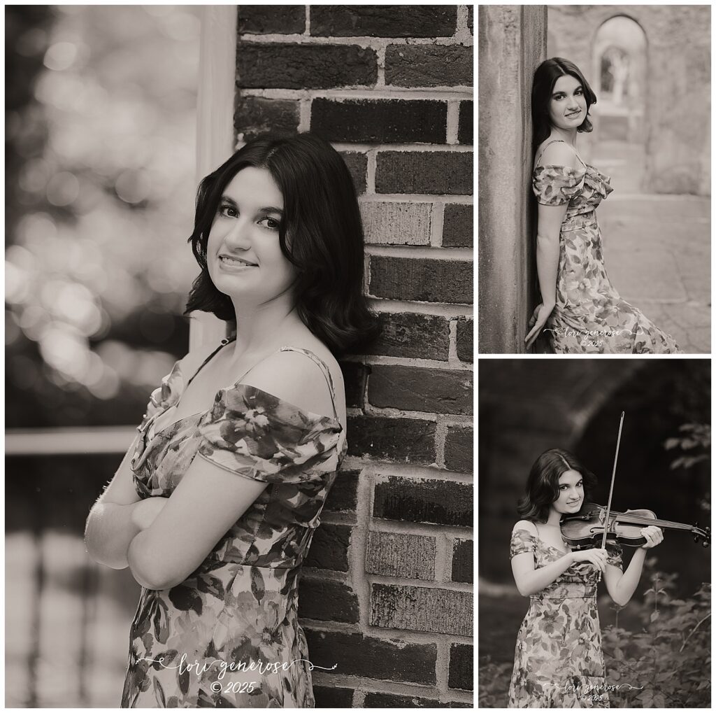 Black and white senior portraits of a Lehigh Valley girl at Lockridge Park in Alburtis, PA by Lori Generose of LG Photography- featuring a confident teen in a floral dress posing against brick and stone walls and playing violin outdoors, blending timeless elegance with personal style in a historic setting.