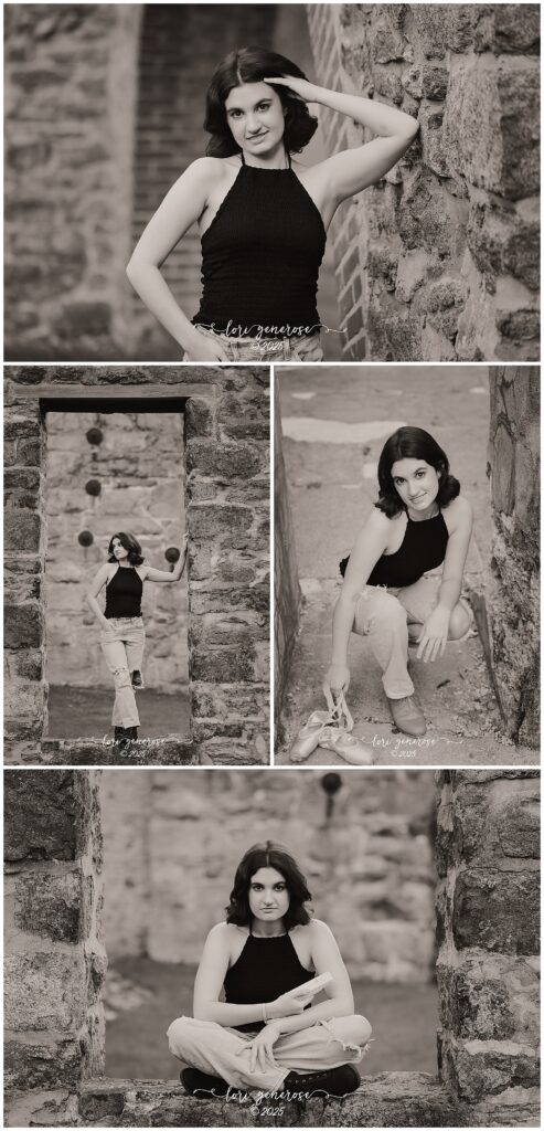 Black and white senior portraits of a Lehigh Valley girl at Lockridge Park in Alburtis, PA by Lori Generose of LG Photography- featuring a confident teen in a black halter top and ripped jeans posing among historic stone architecture with ballet shoes and a book, capturing personality, strength, and artistic expression.