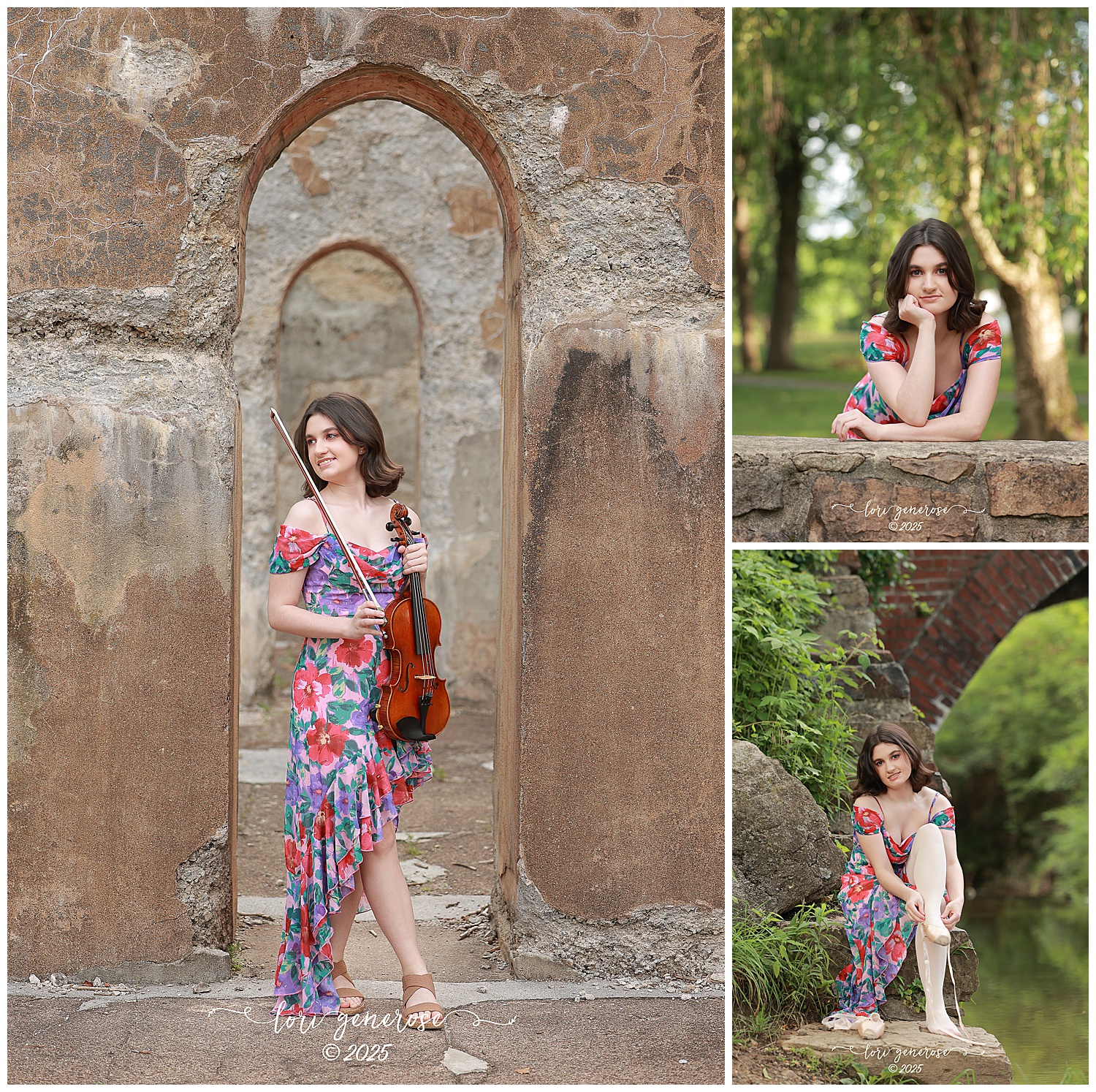Senior girl photo session at Lockridge Park in Alburtis, PA with Lehigh Valley photographer Lori Generose of LG Photography, featuring a teen in a colorful floral dress posing with her violin among rustic stone arches and vintage architecture, blending elegance with artistic expression.
