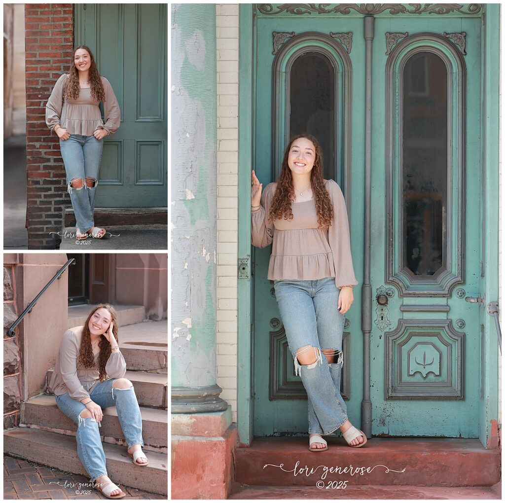 Senior girl three pack of photos on big one on the right and two side by side on the left in a tan puff sleeve ruffle top with ripped jeans posing by a teal door with red brick and sitting on concrete steps for her senior photos in Jim Thorpe PA by senior photographer Lori Generose of LG Photography