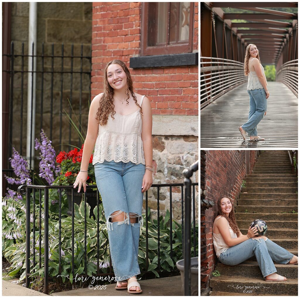 Senior girl three pack of photos on big one on the left and two side by side on the right in a cream tank top with ripped jeans posing by a brick building with a black wrought iron fence, on a rust colored steel bridge and sitting on concrete steps for her senior photos in Jim Thorpe PA by senior photographer Lori Generose of LG Photography