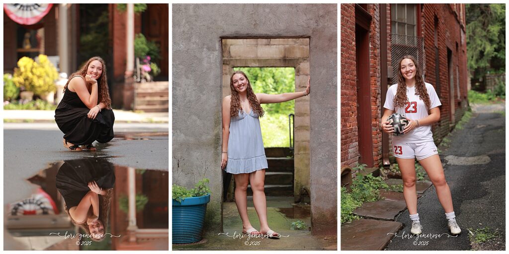 Senior girl three pack of photos side by side in three different outfits- a black dress, blue dress and a volleyball uniform for her senior photos in Jim Thorpe PA by senior photographer Lori Generose of LG Photography