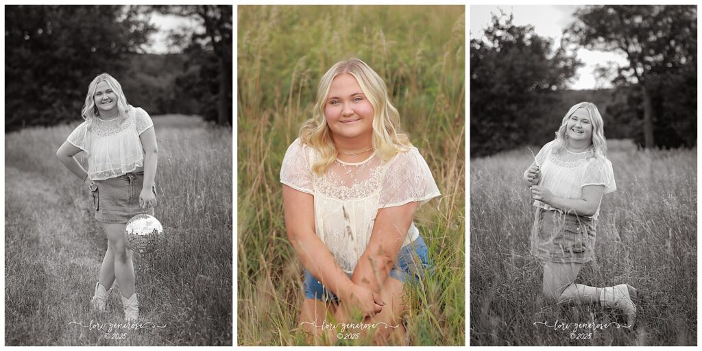 High school senior portrait session at Trexler Nature Preserve in Schnecksville PA by Lehigh Valley senior photographer Lori Generose of LG Photography featuring a blonde teen girl in a lace white top denim skirt and cowboy boots posing in tall grass with a disco ball and natural outdoor scenery