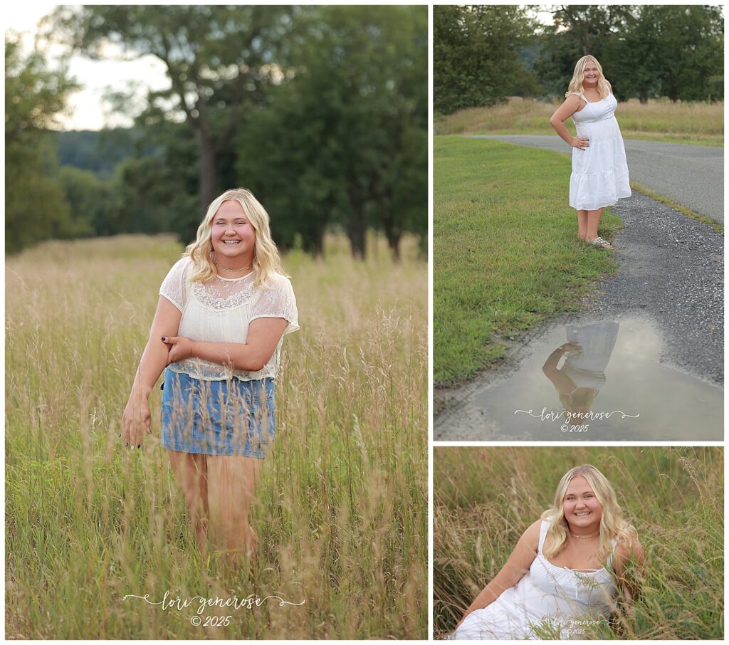 High school senior girl portrait session at Trexler Nature Preserve in Schnecksville PA by Lehigh Valley senior photographer Lori Generose of LG Photography featuring outdoor photos of a blonde teen in a lace white top with denim skirt and in a white summer dress posing in tall grass along a country road and near a puddle reflection