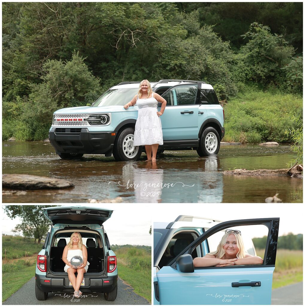 High school senior portrait session at Trexler Nature Preserve in Schnecksville PA by Lehigh Valley senior photographer Lori Generose of LG Photography featuring a blonde teen girl posing with her robin's egg blue Ford Bronco in a creek sitting in the open trunk with a disco ball and smiling through the driver side window