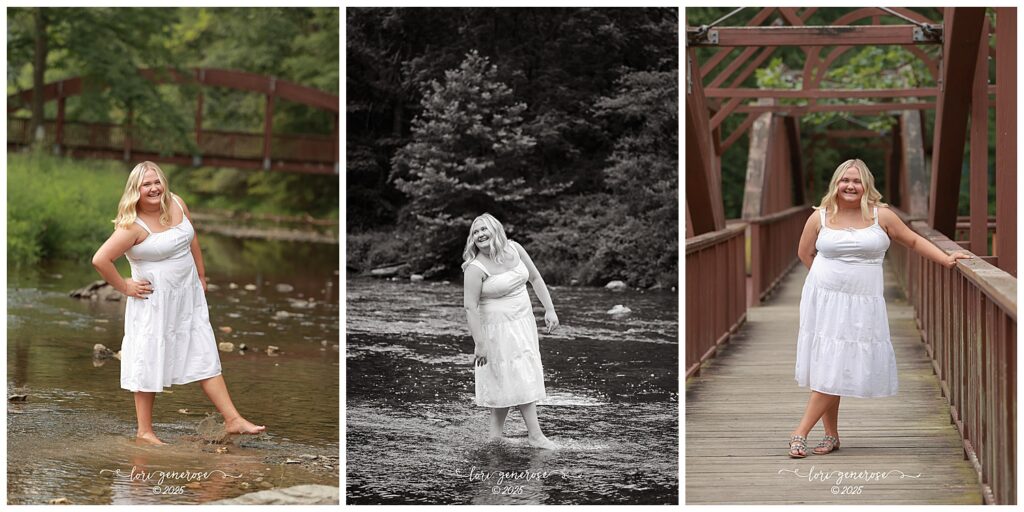 High school senior portrait session at Trexler Nature Preserve in Schnecksville PA by Lehigh Valley senior photographer Lori Generose of LG Photography featuring a blonde teen girl in a white sundress posing in a creek splashing water and standing on a rustic wooden bridge surrounded by nature