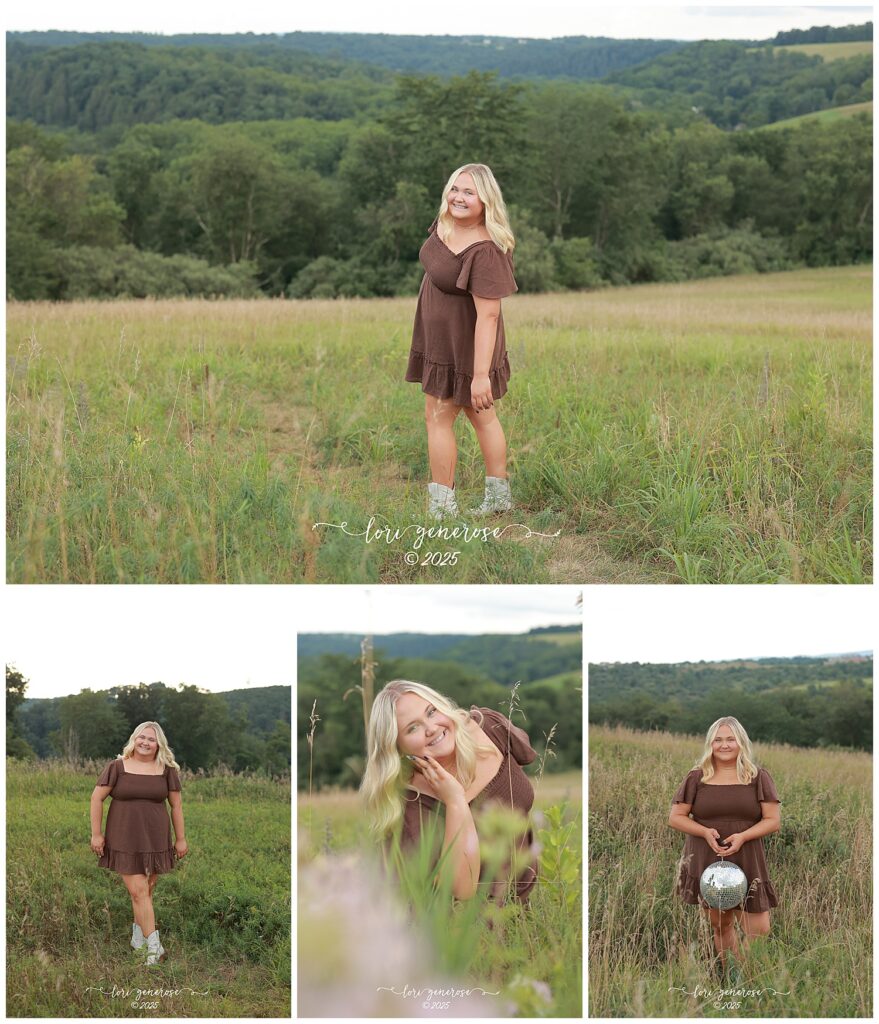 High school senior portrait session at Trexler Nature Preserve in Schnecksville PA by Lehigh Valley senior photographer Lori Generose of LG Photography featuring a blonde teen girl in a brown dress and cowboy boots posing in open fields with mountain views smiling in tall grass and holding a disco ball
