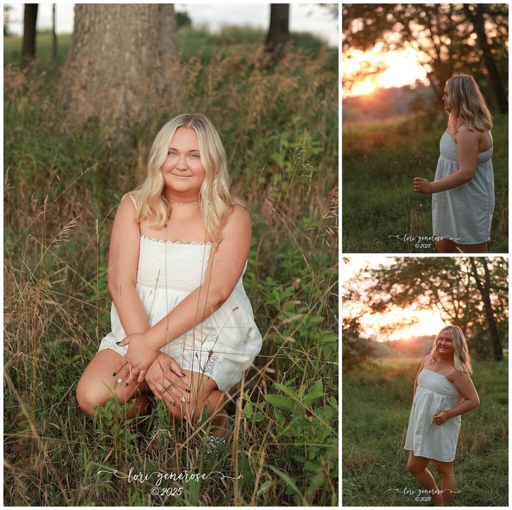 High school senior portrait session at Trexler Nature Preserve in Schnecksville PA by Lehigh Valley senior photographer Lori Generose of LG Photography featuring a blonde teen girl in a white sundress posing in tall grass and smiling at sunset with golden hour light filtering through the trees