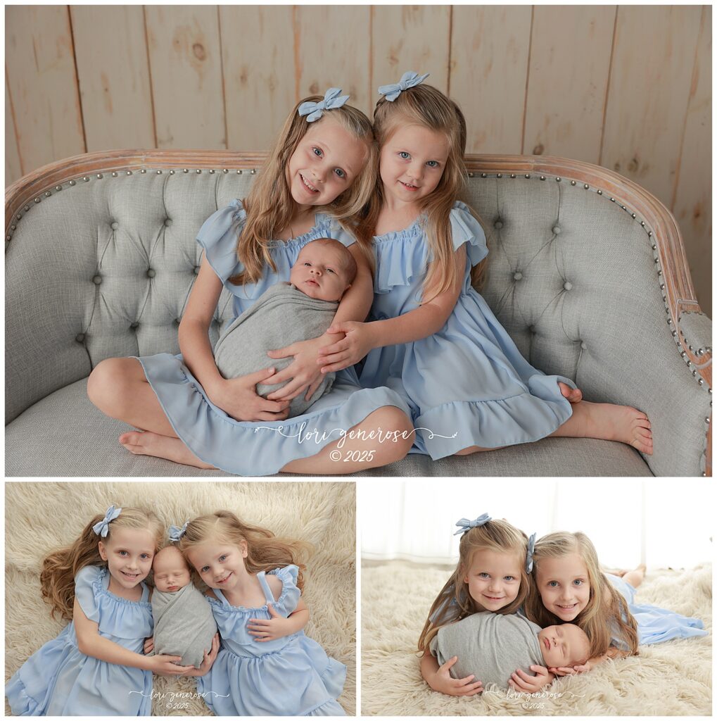Collage of two big sisters in light blue dresses lovingly holding their newborn baby brother during a studio photo session. In one image, the girls sit together on a tufted gray sofa cradling the swaddled newborn. In the other images, they lie on a soft cream rug cuddling him and smiling at the camera. Studio sibling and newborn portrait by LG Photography- Lori Generose, Lehigh Valley PA newborn photographer.