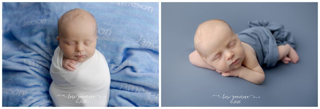 Collage of a newborn baby boy peacefully sleeping during his studio photo session. In the first image, he is swaddled in a white wrap and resting on a soft blue blanket. In the second image, he is posed on his tummy on a smooth blue backdrop with his hands under his cheek, wrapped loosely in a coordinating blue fabric. Studio newborn portrait by LG Photography- Lori Generose, Lehigh Valley PA newborn photographer.